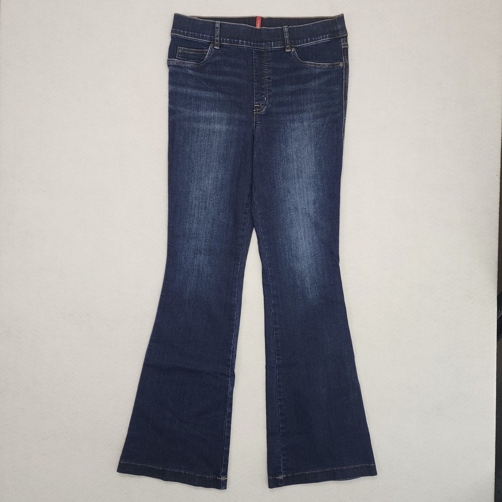 Spanx Jeans Womens Large Blue Midnight Shade Denim Cotton High Rise Flared Leg